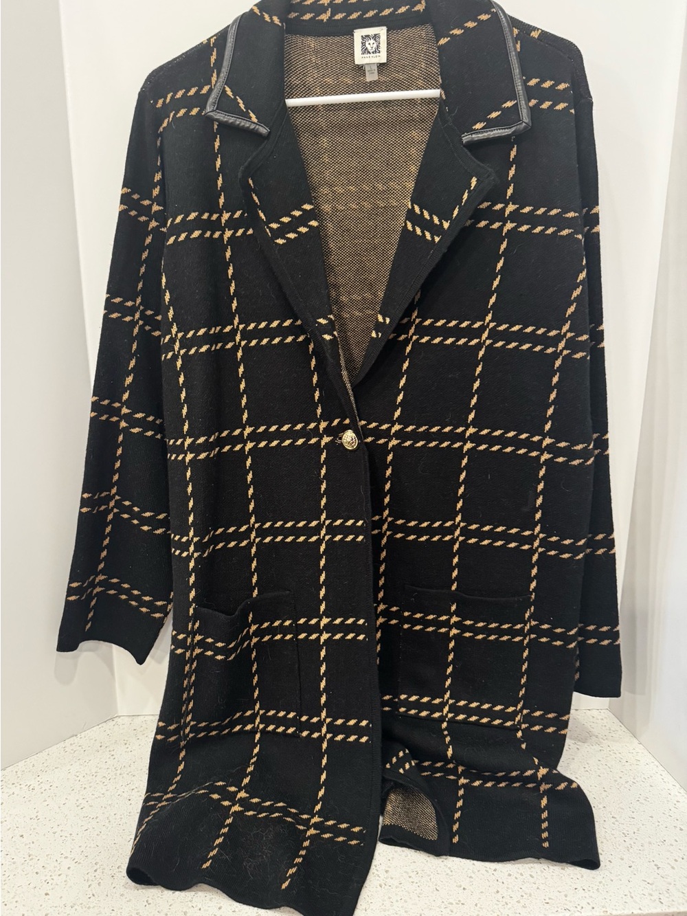 Classic Black & Tan Windowpane Knit Cardigan Sweater - Size L
